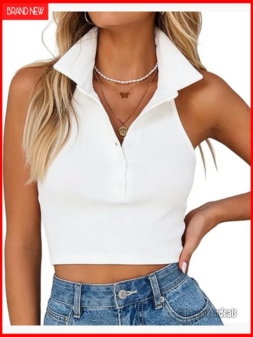 Halter Crop Top Polo Neck Backless Ribbed Knit Tank Sleeveless